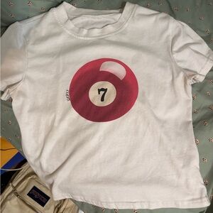 White Graphic Tee with Red '7' Billiard Ball